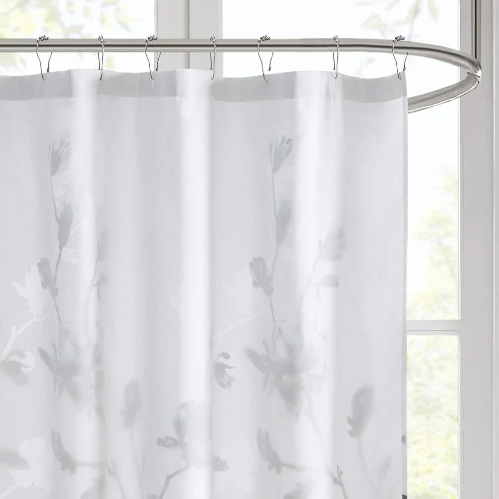 Floral Magnolia Branch Shower Curtain White Grey Teal 72x72 Fabric Botanical